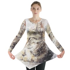 Cat Animal Art Abstract Watercolor Long Sleeve Tunic  by Celenk