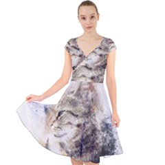 Cat Animal Art Abstract Watercolor Cap Sleeve Front Wrap Midi Dress