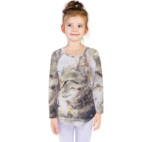 Cat Animal Art Abstract Watercolor Kids  Long Sleeve Tee by Celenk