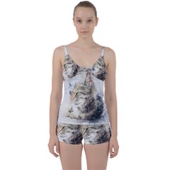 Cat Animal Art Abstract Watercolor Tie Front Two Piece Tankini by Celenk