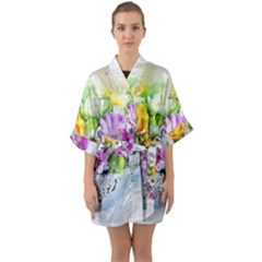 Flowers Vase Art Abstract Nature Quarter Sleeve Kimono Robe by Celenk