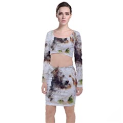 Dog Animal Pet Art Abstract Long Sleeve Crop Top & Bodycon Skirt Set