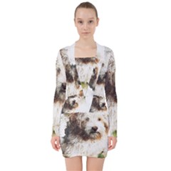 Dog Animal Pet Art Abstract V-neck Bodycon Long Sleeve Dress