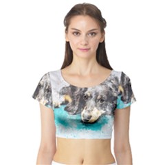 Dog Animal Art Abstract Watercolor Short Sleeve Crop Top by Celenk