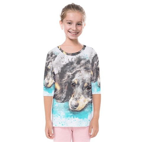 Dog Animal Art Abstract Watercolor Kids  Quarter Sleeve Raglan Tee by Celenk