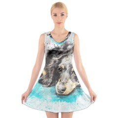 Dog Animal Art Abstract Watercolor V-neck Sleeveless Skater Dress by Celenk