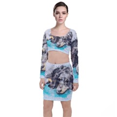 Dog Animal Art Abstract Watercolor Long Sleeve Crop Top & Bodycon Skirt Set by Celenk