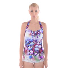 Berries Pink Blue Art Abstract Boyleg Halter Swimsuit  by Celenk