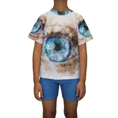 Eye Blue Girl Art Abstract Kids  Short Sleeve Swimwear by Celenk