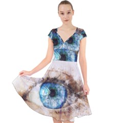 Eye Blue Girl Art Abstract Cap Sleeve Front Wrap Midi Dress