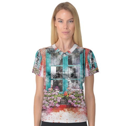 Window Flowers Nature Art Abstract V-neck Sport Mesh Tee by Celenk