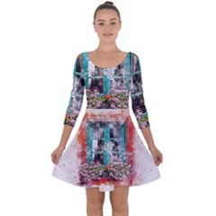 Window Flowers Nature Art Abstract Quarter Sleeve Skater Dress