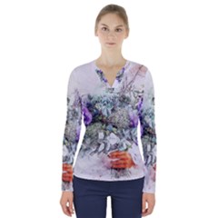 Flowers Bouquet Art Abstract V-neck Long Sleeve Top by Celenk