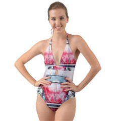 Red Car Old Car Art Abstract Halter Cut-out One Piece Swimsuit