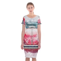 Red Car Old Car Art Abstract Classic Short Sleeve Midi Dress by Celenk