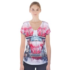 Red Car Old Car Art Abstract Short Sleeve Front Detail Top by Celenk