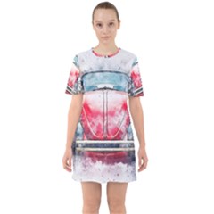 Red Car Old Car Art Abstract Sixties Short Sleeve Mini Dress