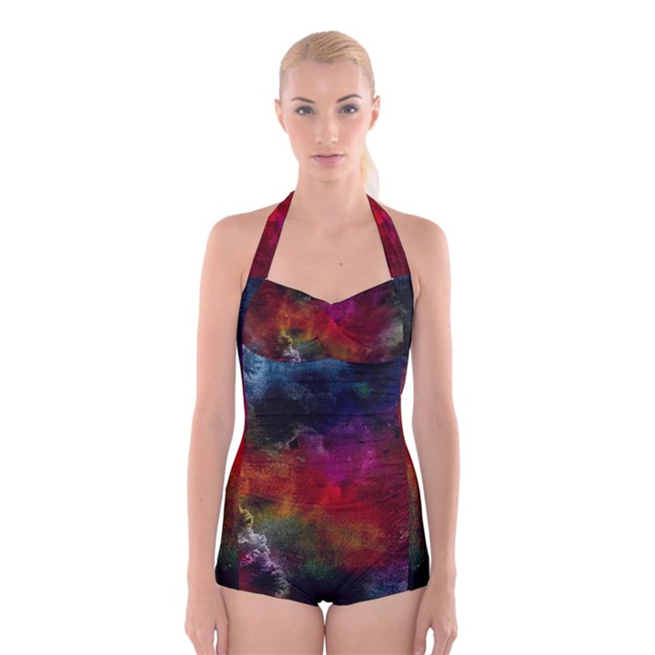 Abstract Picture Pattern Galaxy Boyleg Halter Swimsuit 