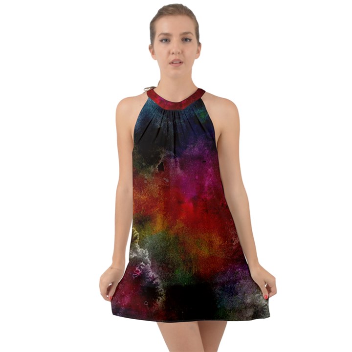 Abstract Picture Pattern Galaxy Halter Tie Back Chiffon Dress