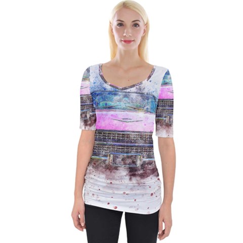 Pink Car Old Art Abstract Wide Neckline Tee by Celenk