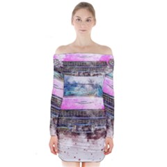 Pink Car Old Art Abstract Long Sleeve Off Shoulder Dress by Celenk