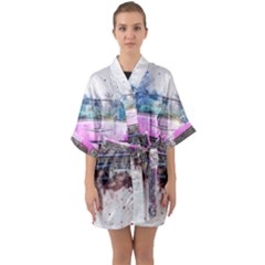 Pink Car Old Art Abstract Quarter Sleeve Kimono Robe by Celenk