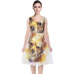 Dog Animal Art Abstract Watercolor V-neck Midi Sleeveless Dress 