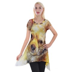 Dog Animal Art Abstract Watercolor Short Sleeve Side Drop Tunic by Celenk