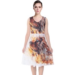 Dog Animal Pet Art Abstract V-neck Midi Sleeveless Dress 