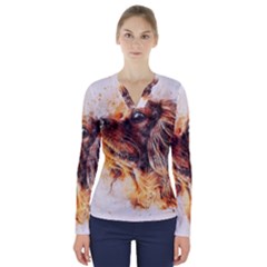 Dog Animal Pet Art Abstract V-neck Long Sleeve Top