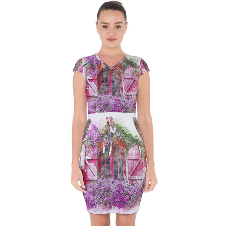 Window Flowers Nature Art Abstract Capsleeve Drawstring Dress 