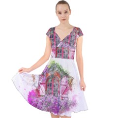 Window Flowers Nature Art Abstract Cap Sleeve Front Wrap Midi Dress