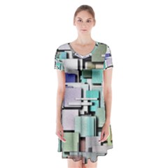 Background Painted Squares Art Short Sleeve V-neck Flare Dress by Celenk