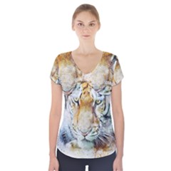 Tiger Animal Art Abstract Short Sleeve Front Detail Top by Celenk