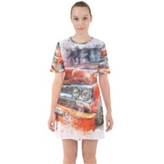 Car Old Car Art Abstract Sixties Short Sleeve Mini Dress by Celenk