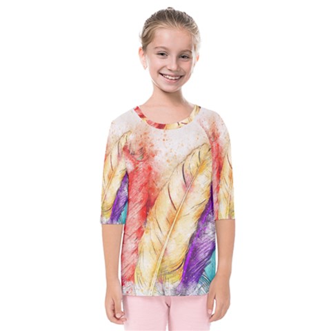 Feathers Bird Animal Art Abstract Kids  Quarter Sleeve Raglan Tee by Celenk