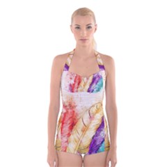 Feathers Bird Animal Art Abstract Boyleg Halter Swimsuit  by Celenk