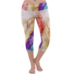 Feathers Bird Animal Art Abstract Capri Yoga Leggings by Celenk