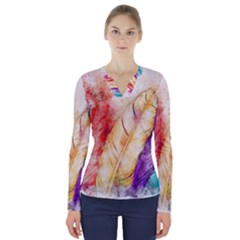 Feathers Bird Animal Art Abstract V-neck Long Sleeve Top by Celenk