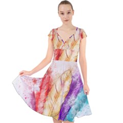 Feathers Bird Animal Art Abstract Cap Sleeve Front Wrap Midi Dress by Celenk