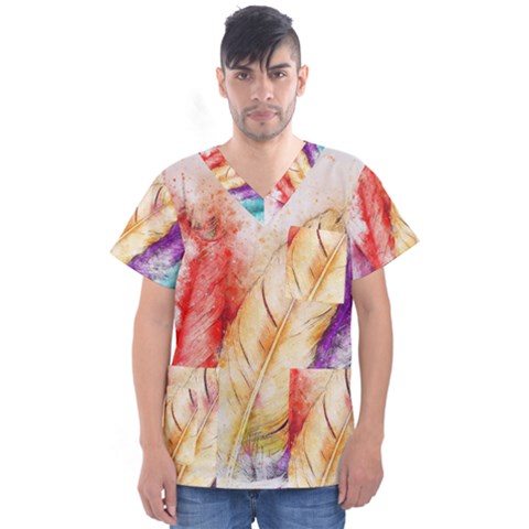 Feathers Bird Animal Art Abstract Men s V-neck Scrub Top by Celenk