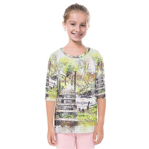 River Bridge Art Abstract Nature Kids  Quarter Sleeve Raglan Tee by Celenk