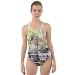 River Bridge Art Abstract Nature Cut-out Back One Piece Swimsuit