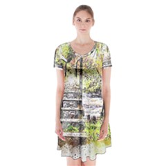 River Bridge Art Abstract Nature Short Sleeve V-neck Flare Dress by Celenk