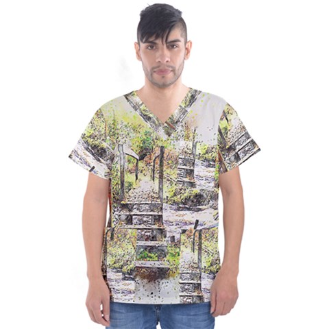 River Bridge Art Abstract Nature Men s V-neck Scrub Top by Celenk