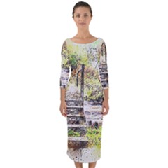 River Bridge Art Abstract Nature Quarter Sleeve Midi Bodycon Dress