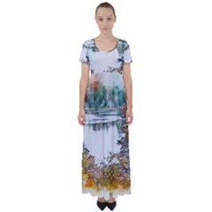 River Water Art Abstract Stones High Waist Short Sleeve Maxi Dress