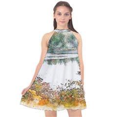 River Water Art Abstract Stones Halter Neckline Chiffon Dress  by Celenk