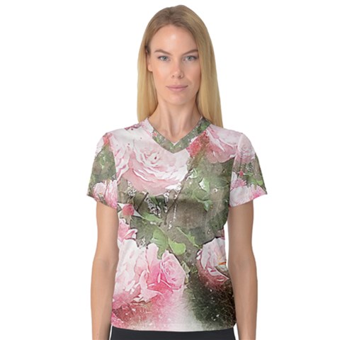 Flowers Roses Art Abstract Nature V-neck Sport Mesh Tee by Celenk