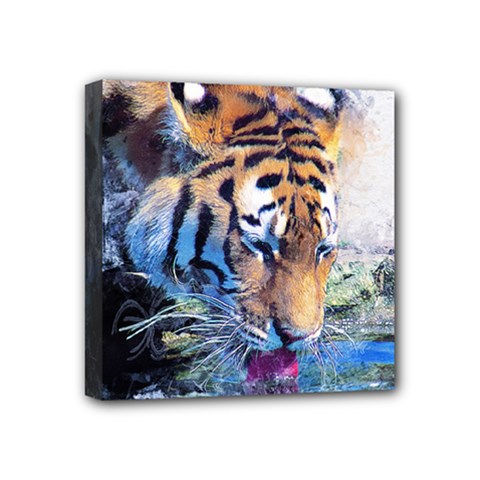 Tiger Drink Animal Art Abstract Mini Canvas 4  X 4  by Celenk